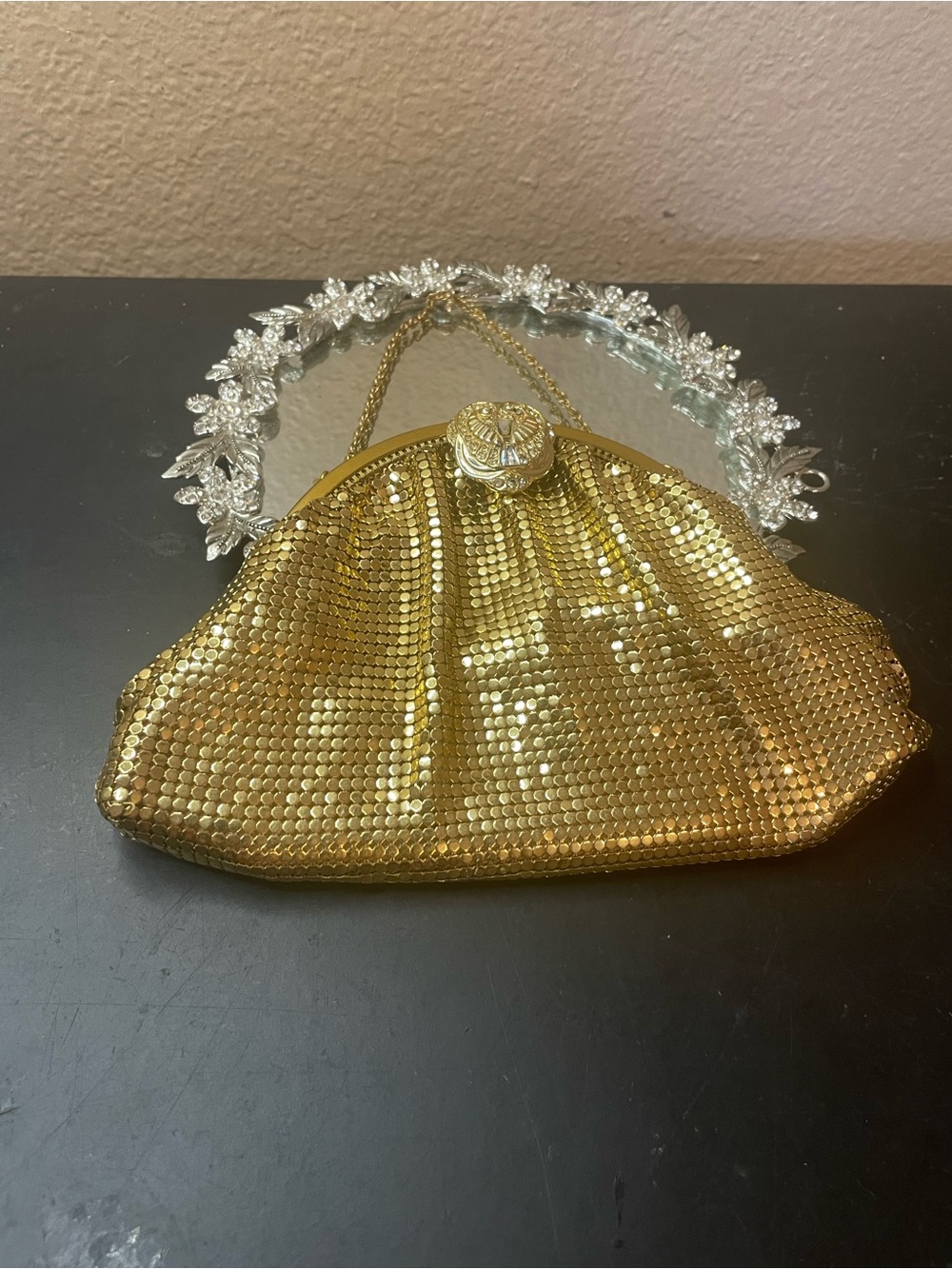 Stunning VTG Whiting & Davis Gold Mesh 7” Wide Purse with Metal Rhinestone Clasp